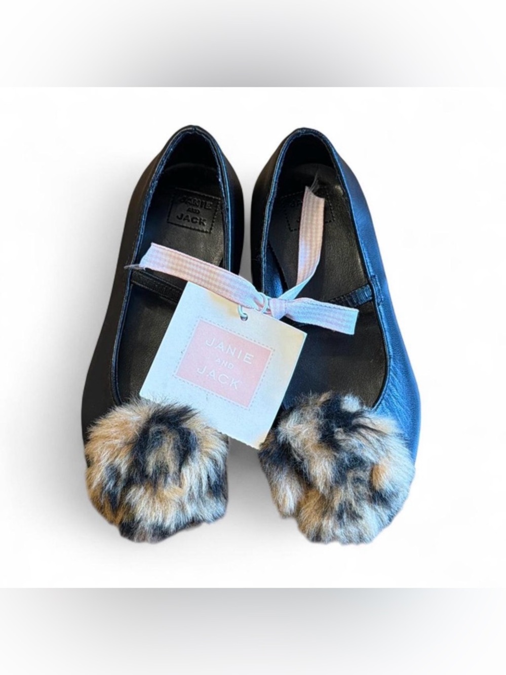 Janie and Jack Black Ballet Flats with Faux Fur Pom Poms